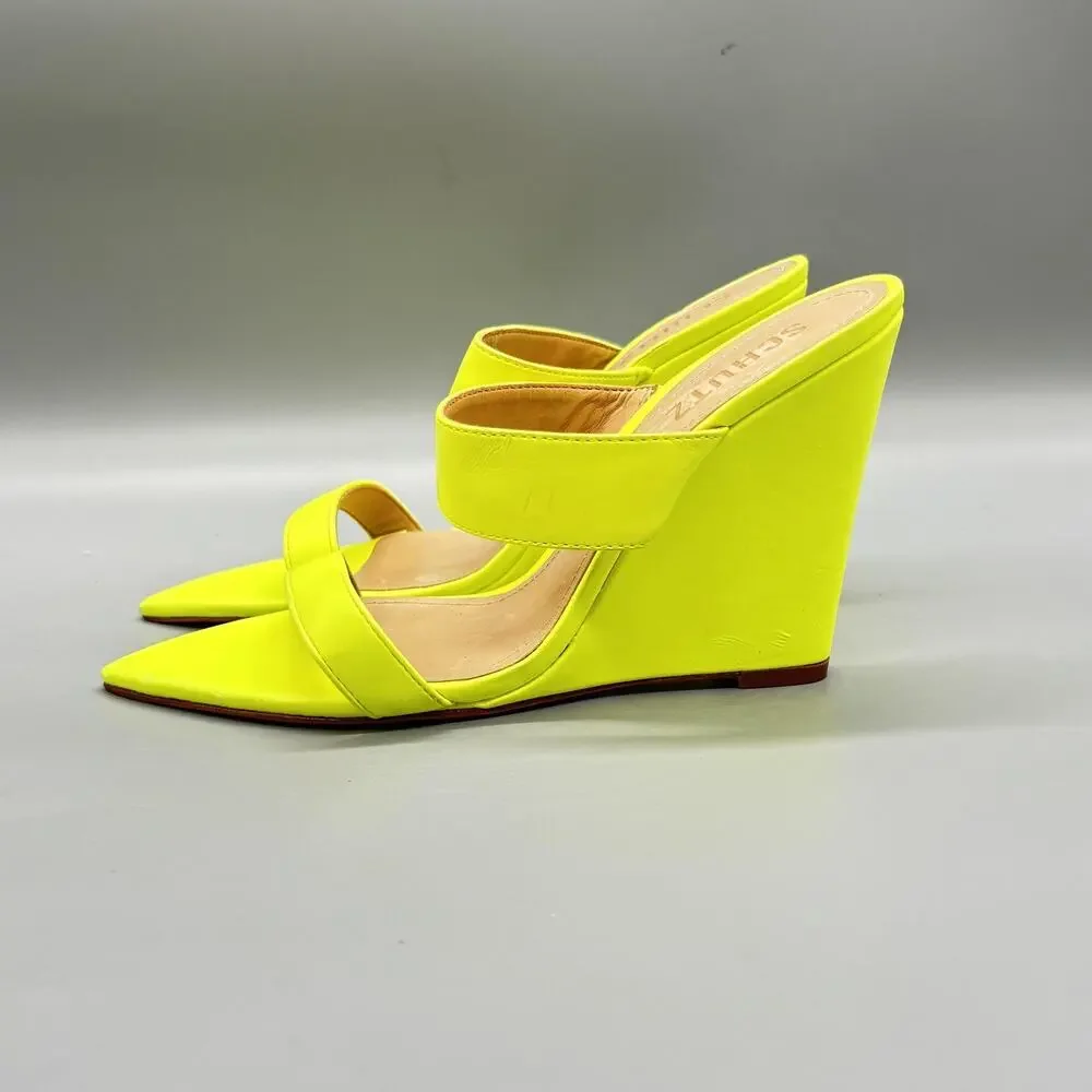 Schutz Shoes Womens 7 Yellow Leather Mule High Wedge Heels Pointed Toe Neon